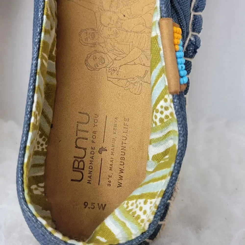 Ubuntu Women's  Canvas Espadrille Beaded Slip On Ethical Blue Shoe Size 9.5 New.
